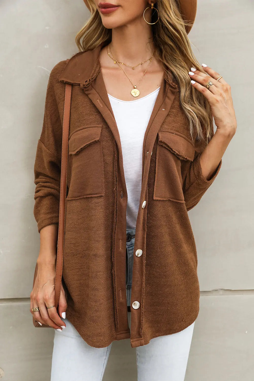 Grey Contrast Flap Pockets Relaxed Shacket - eAura