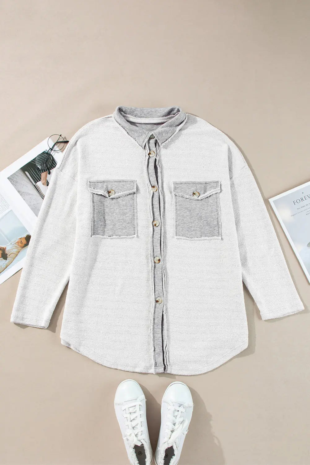 Grey Contrast Flap Pockets Relaxed Shacket - eAura
