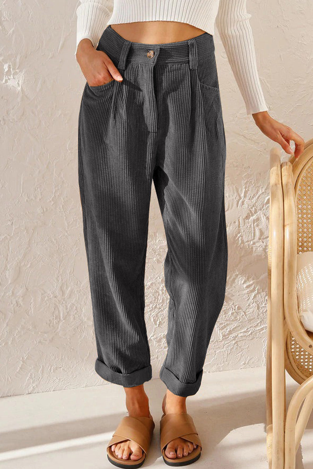 Grey Corduroy High Waist Straight Leg Trousers - eAura