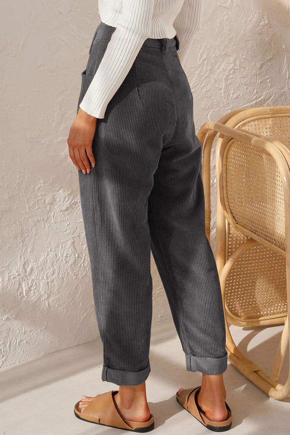 Grey Corduroy High Waist Straight Leg Trousers - eAura