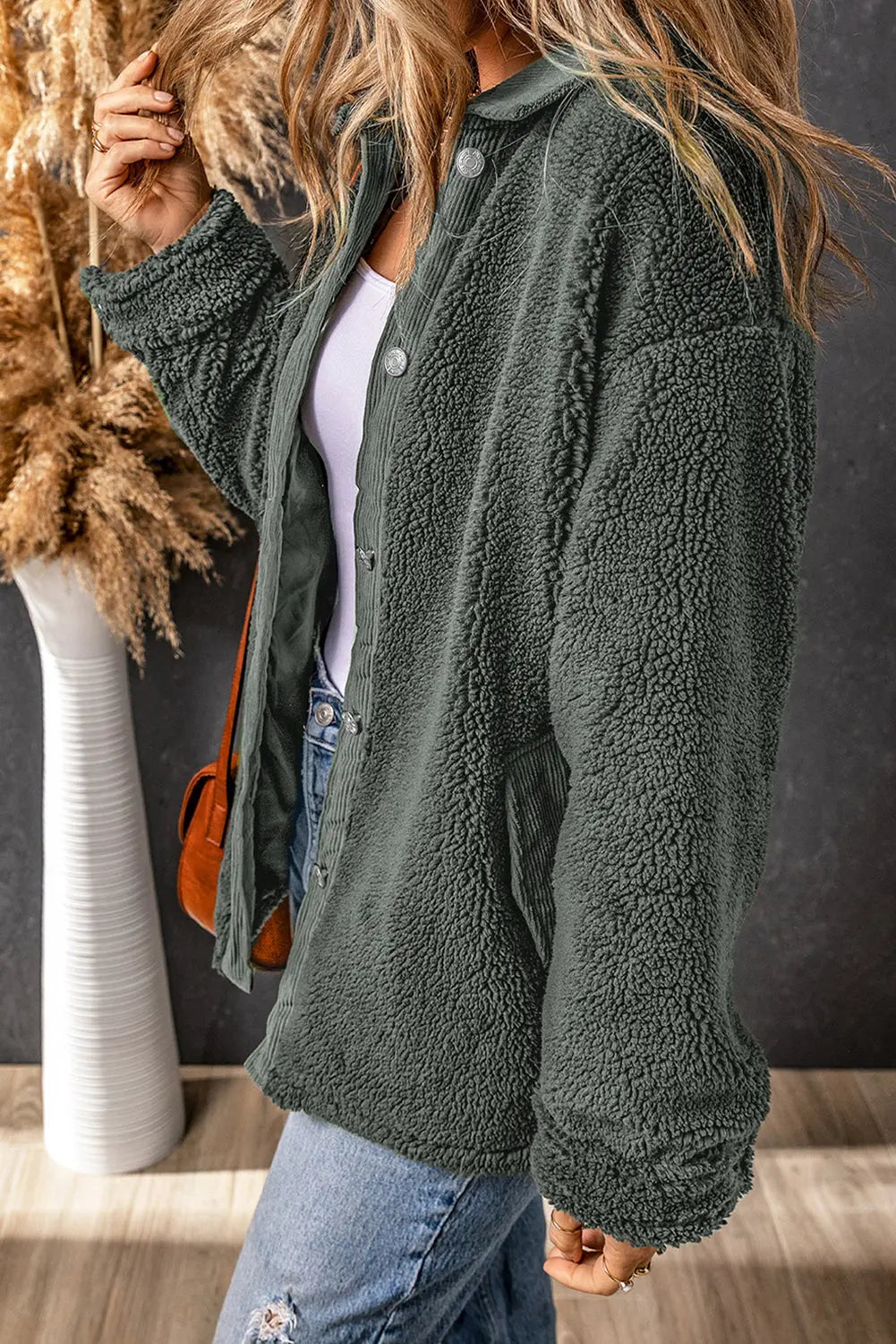 Grey Corduroy Trim Elbow Patch Sherpa Jacket - eAura