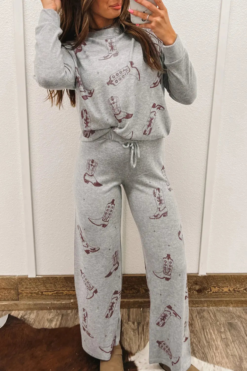 Grey Cowgirl Boots Printed Long Sleeve Top Trousers Lounge Set eAura