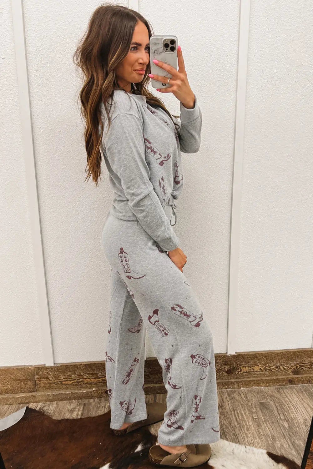 Grey Cowgirl Boots Printed Long Sleeve Top Trousers Lounge Set eAura