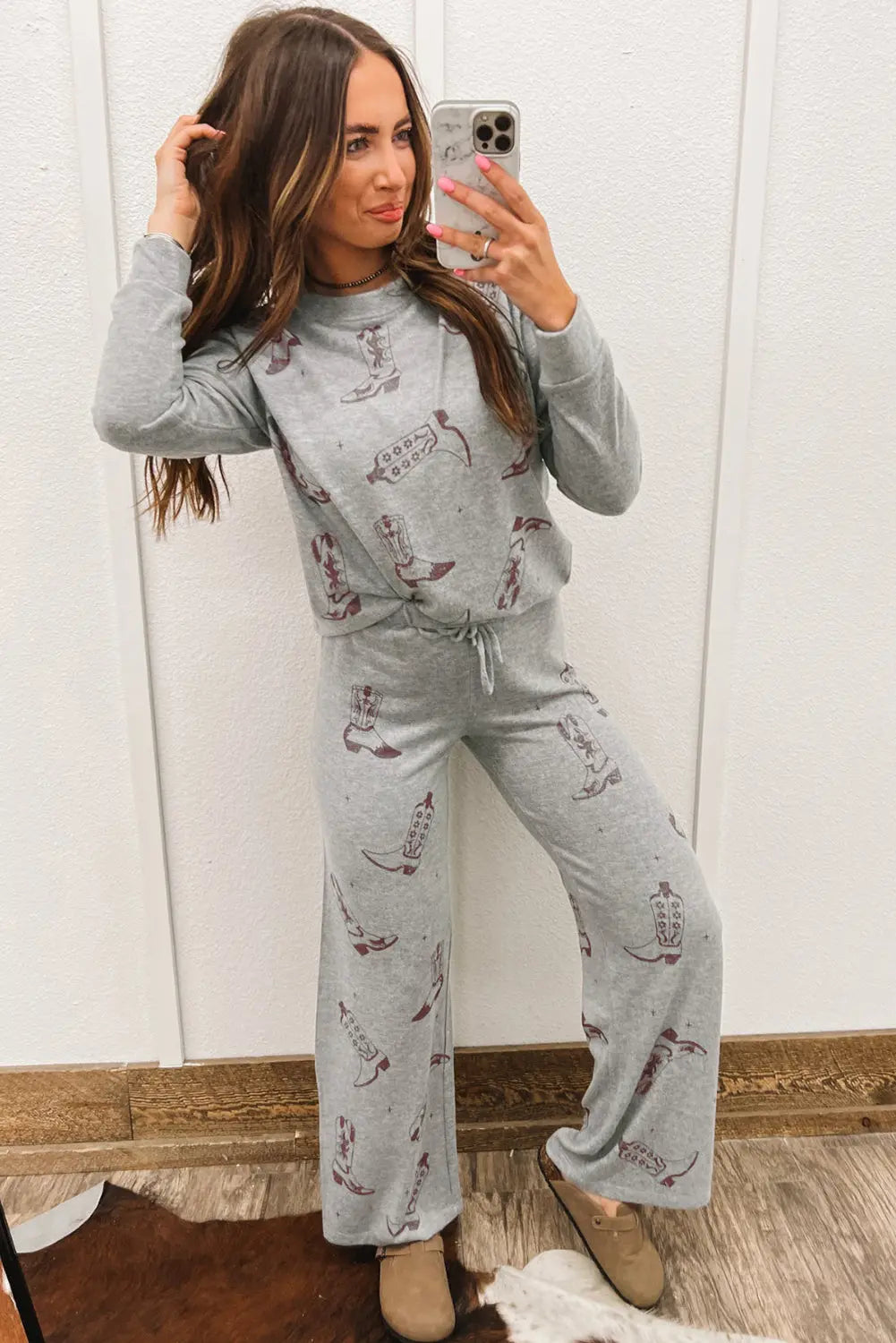 Grey Cowgirl Boots Printed Long Sleeve Top Trousers Lounge Set eAura