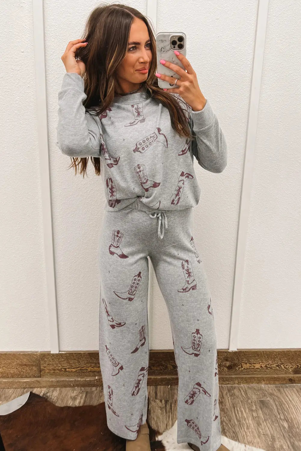 Grey Cowgirl Boots Printed Long Sleeve Top Trousers Lounge Set eAura