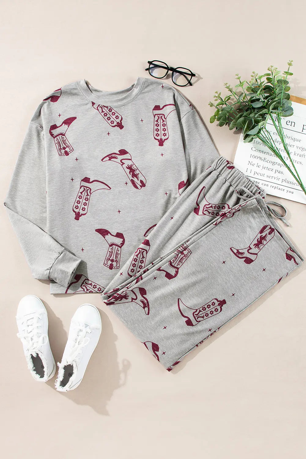 Grey Cowgirl Boots Printed Long Sleeve Top Trousers Lounge Set eAura
