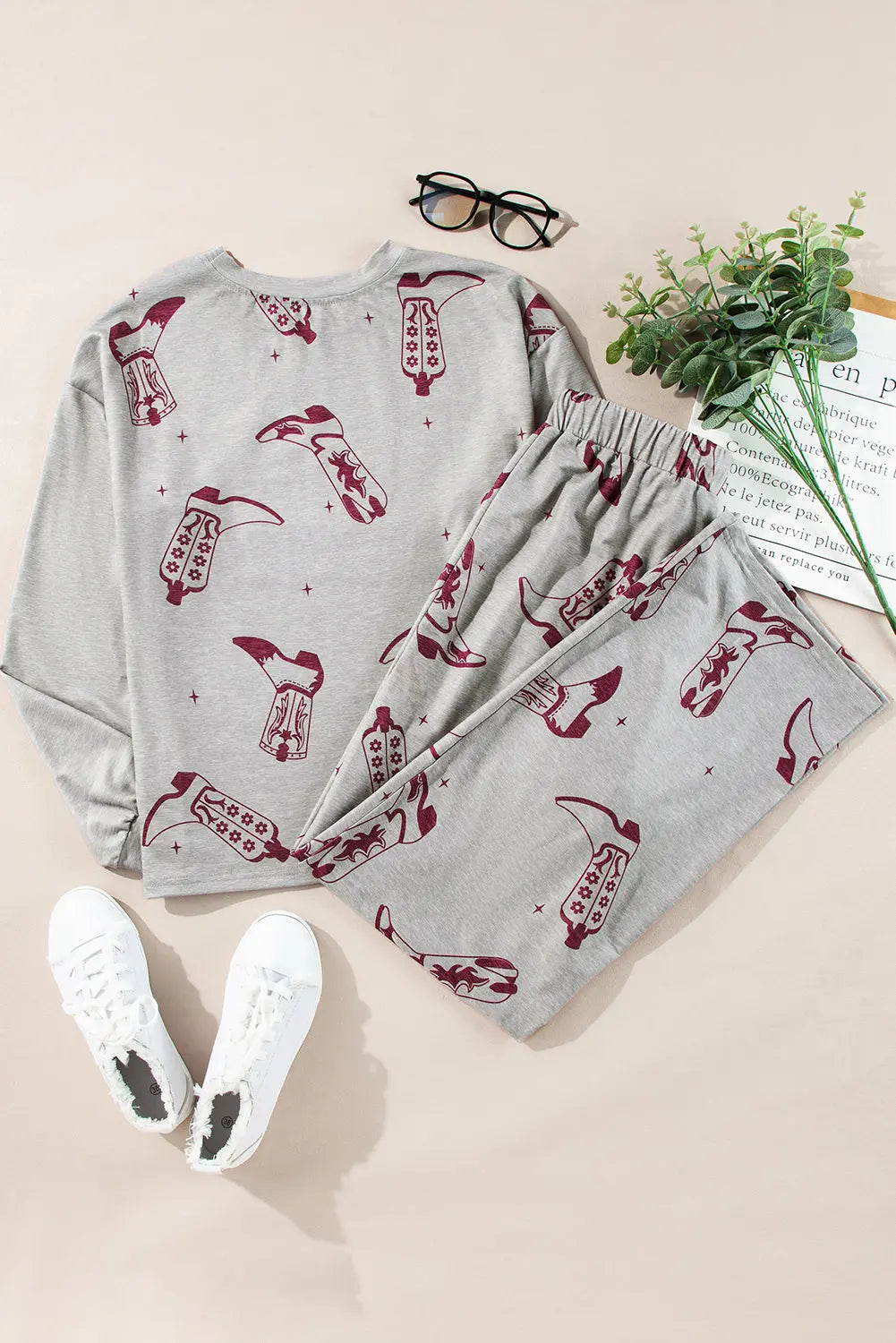 Grey Cowgirl Boots Printed Long Sleeve Top Trousers Lounge Set eAura