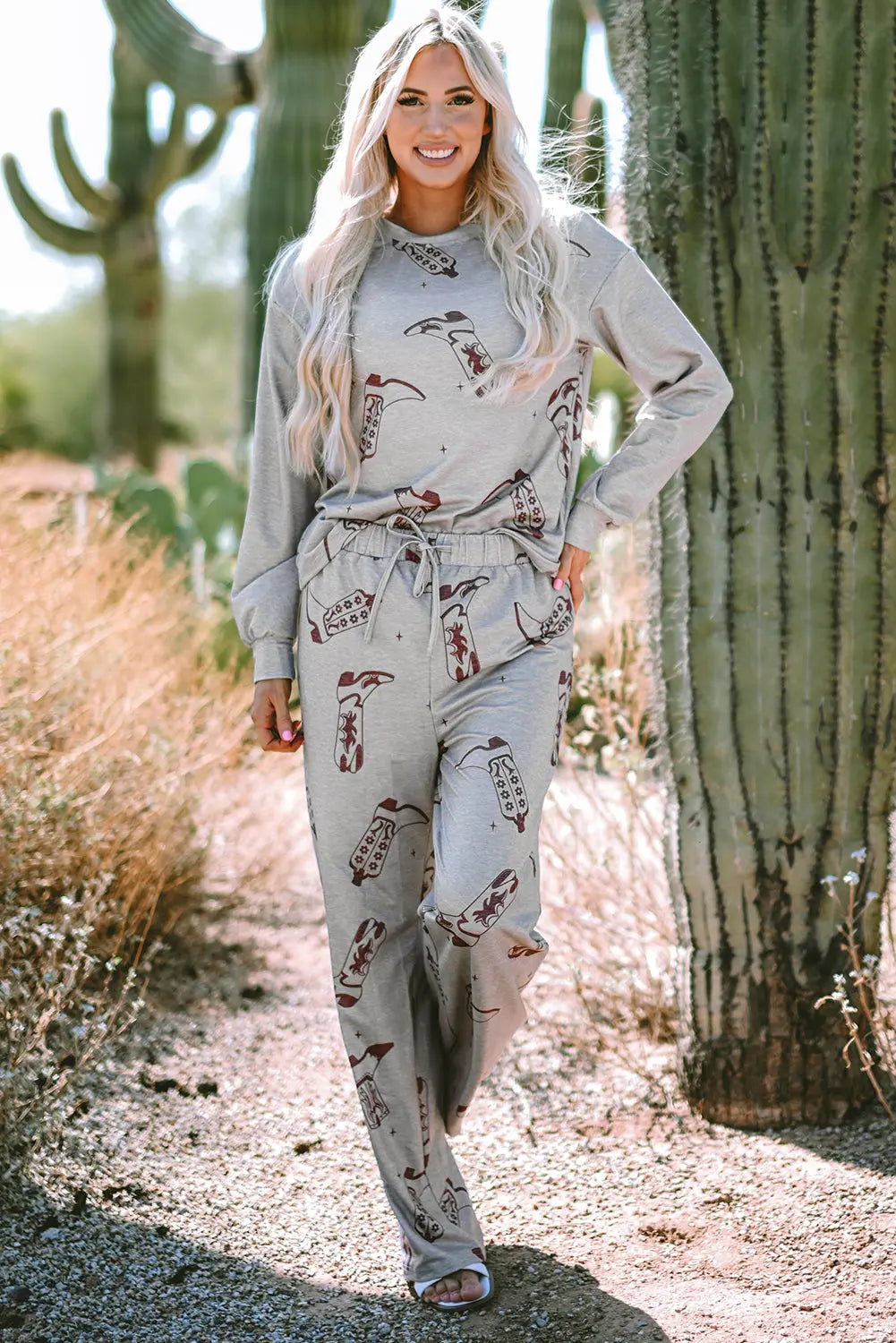 Grey Cowgirl Boots Printed Long Sleeve Top Trousers Lounge Set eAura
