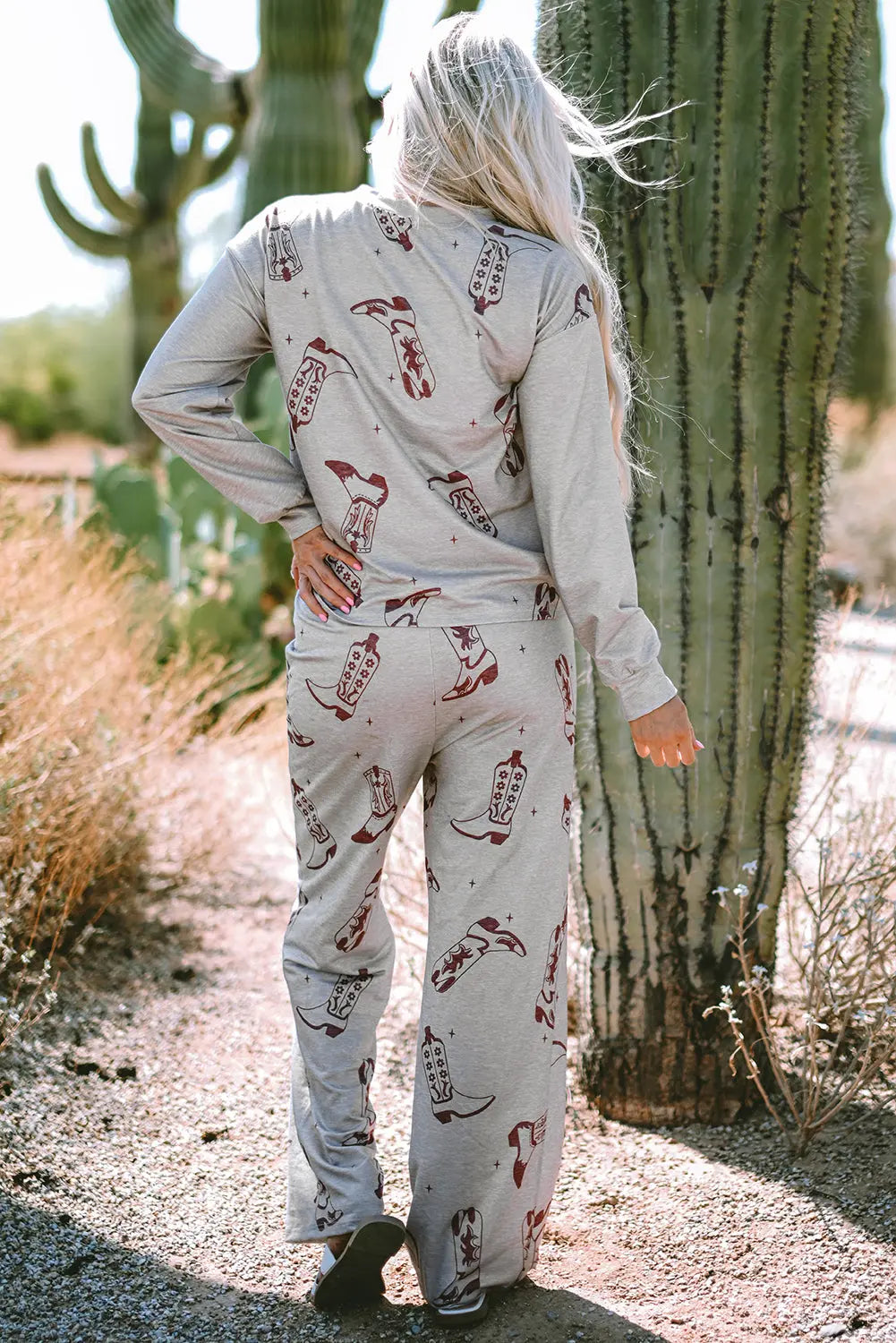 Grey Cowgirl Boots Printed Long Sleeve Top Trousers Lounge Set eAura