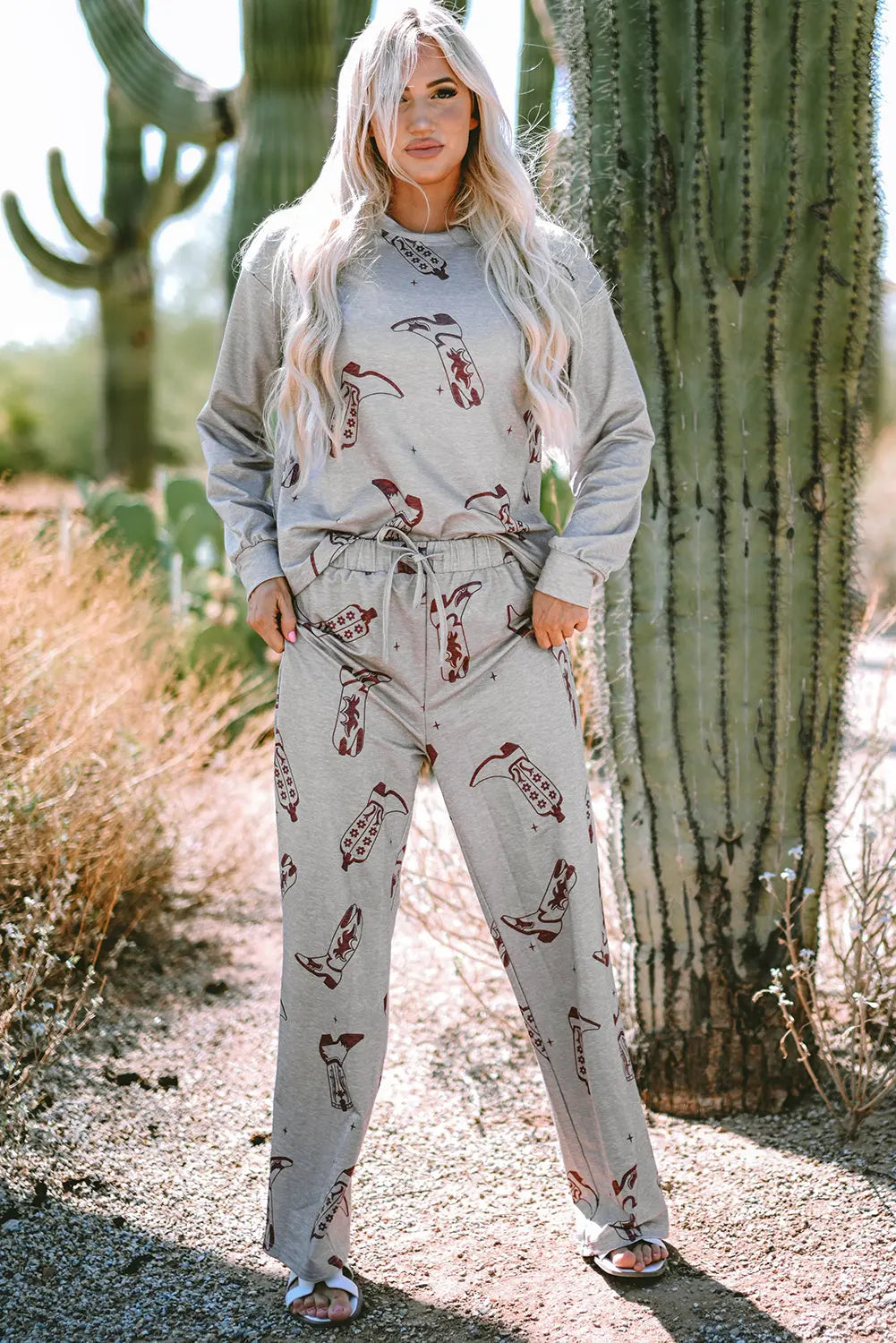 Grey Cowgirl Boots Printed Long Sleeve Top Trousers Lounge Set eAura