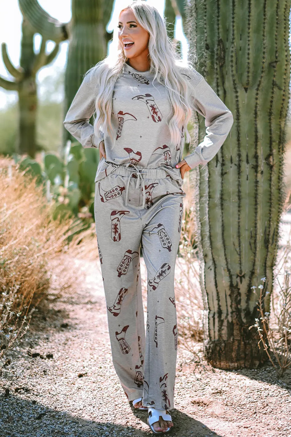 Grey Cowgirl Boots Printed Long Sleeve Top Trousers Lounge Set eAura