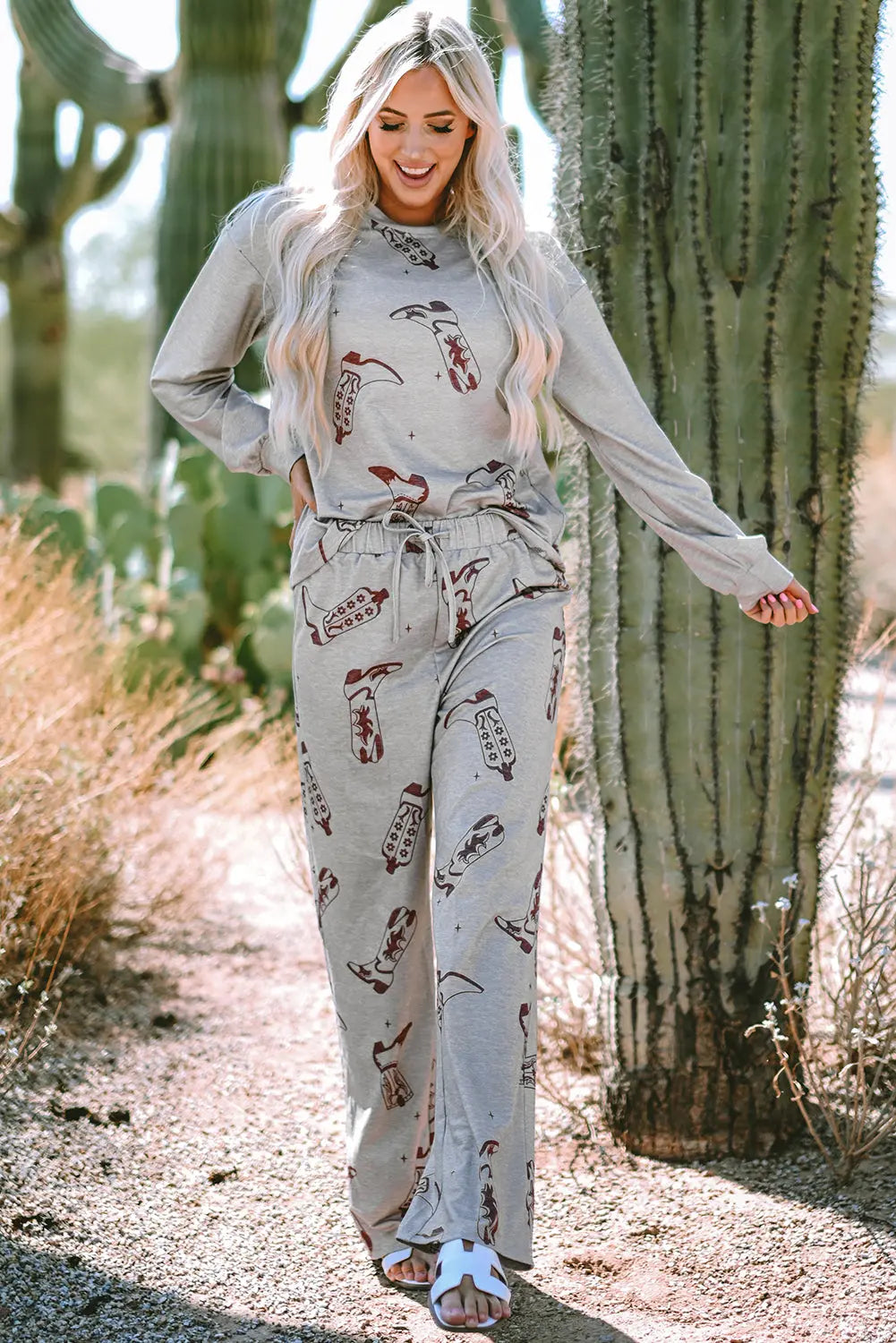 Grey Cowgirl Boots Printed Long Sleeve Top Trousers Lounge Set eAura
