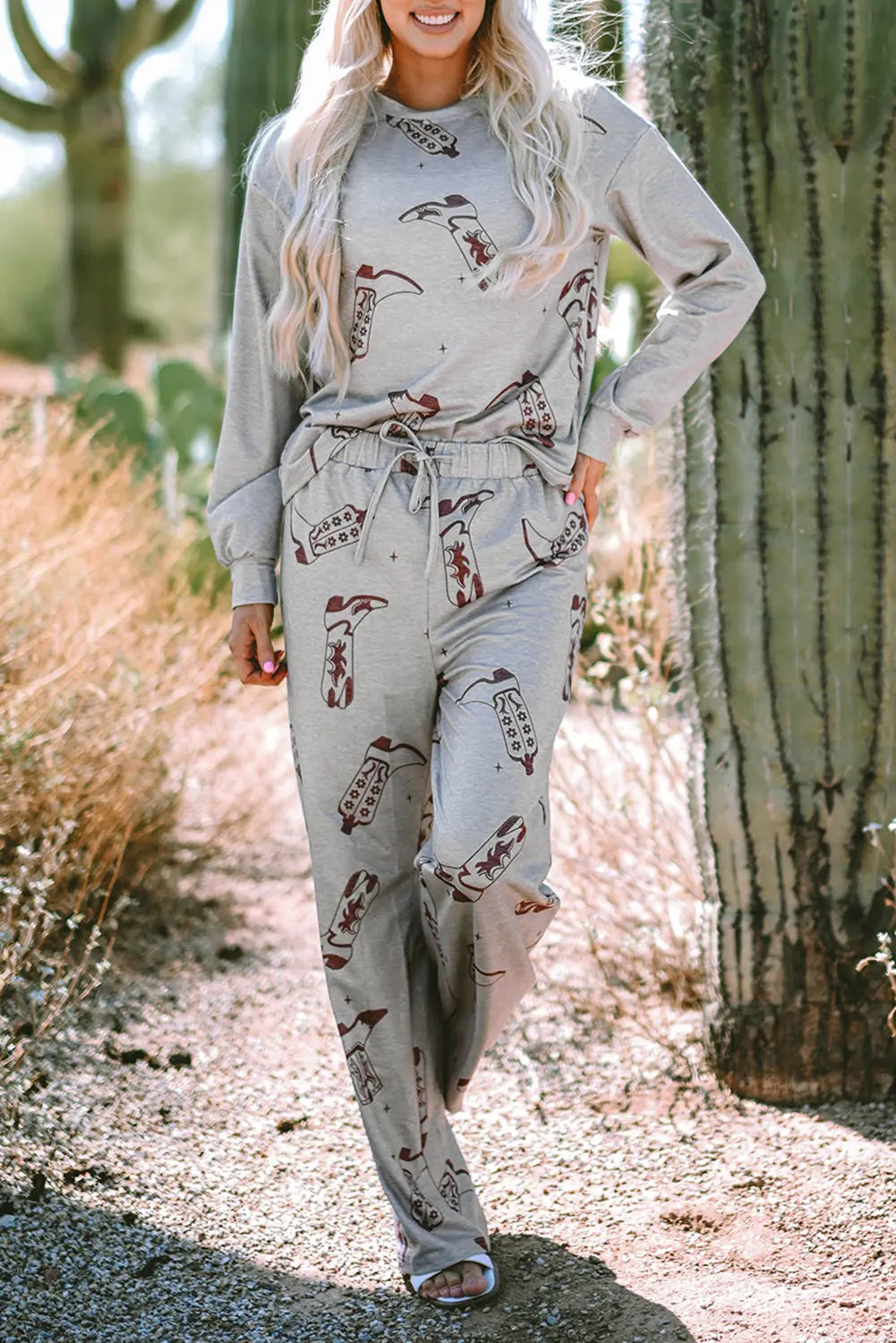 Grey Cowgirl Boots Printed Long Sleeve Top Trousers Lounge Set eAura