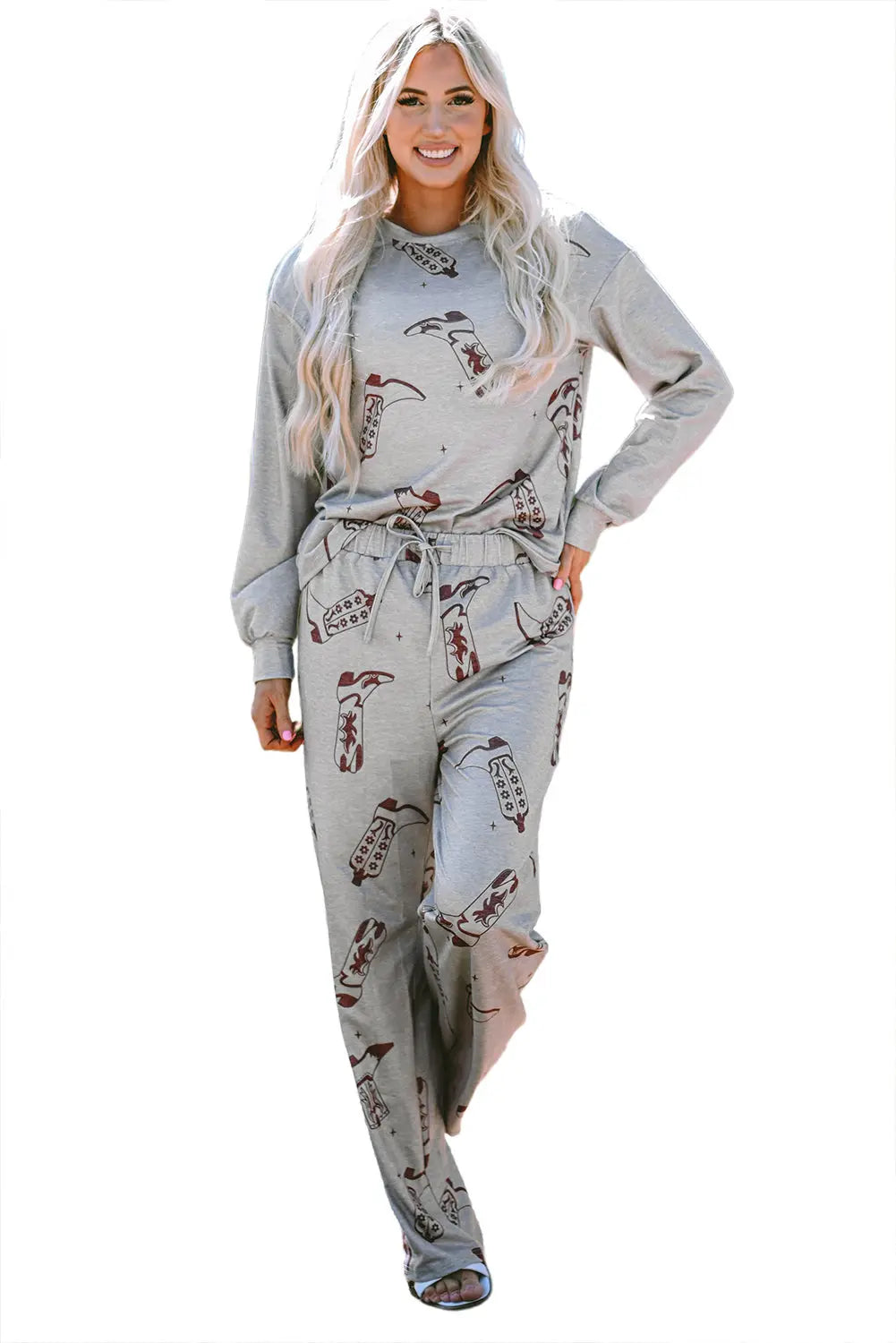 Grey Cowgirl Boots Printed Long Sleeve Top Trousers Lounge Set eAura