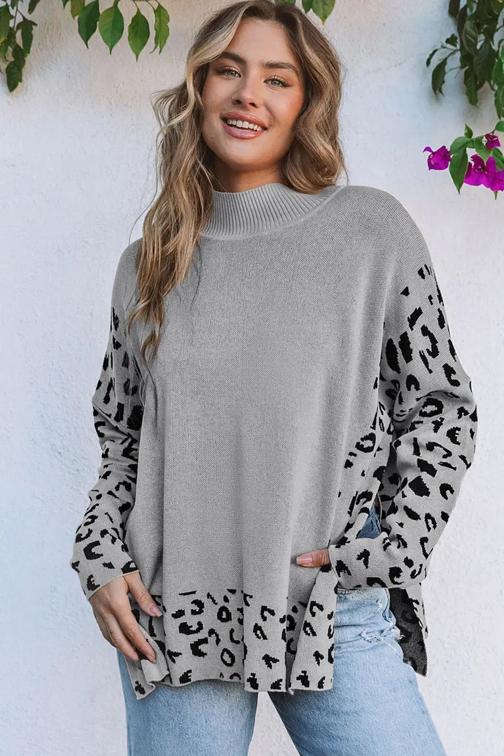 Grey Leopard High Neck Side Slit Oversized Sweater - Sweaters & Cardigans/Sweaters