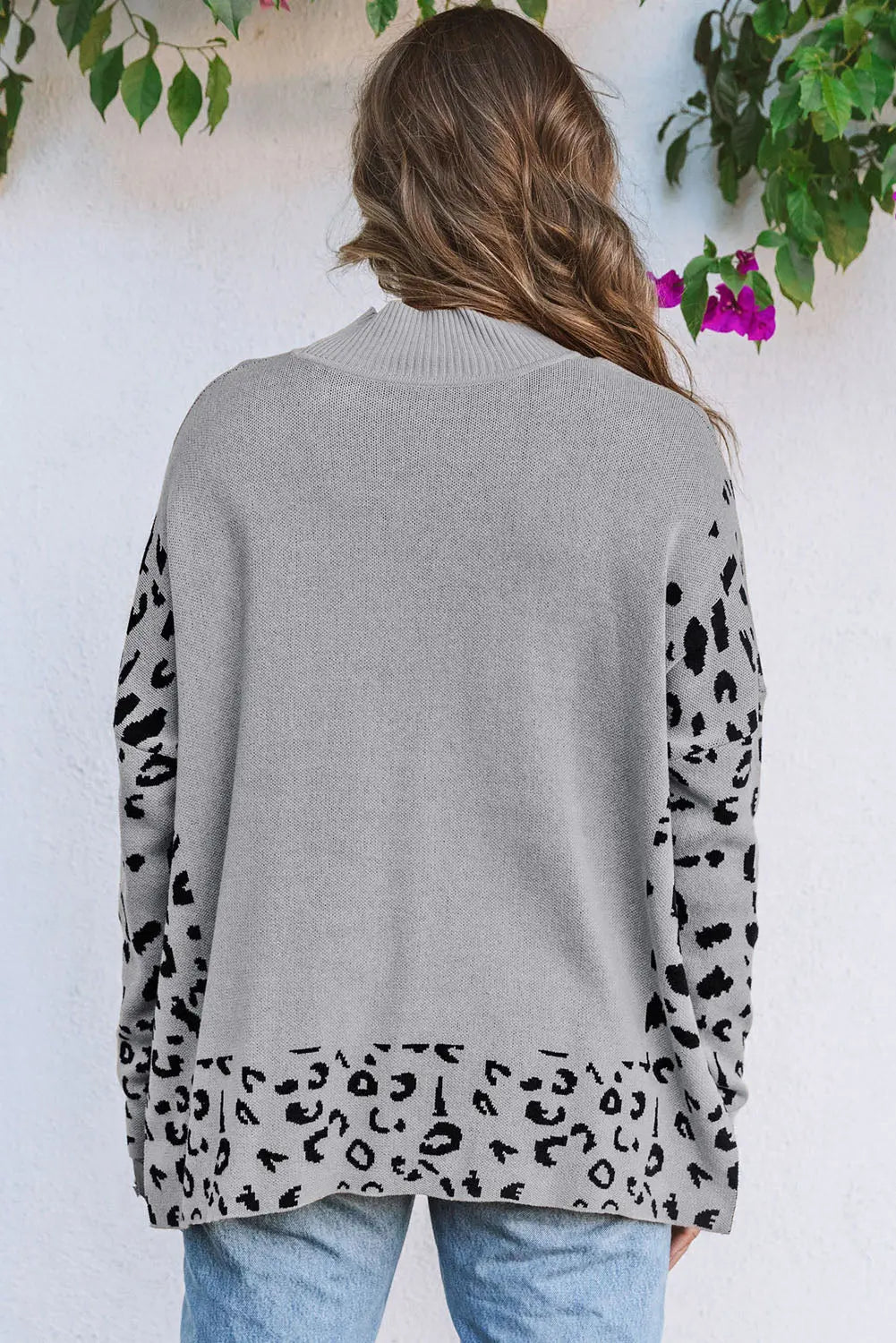 Grey Leopard High Neck Side Slit Oversized Sweater - eAura