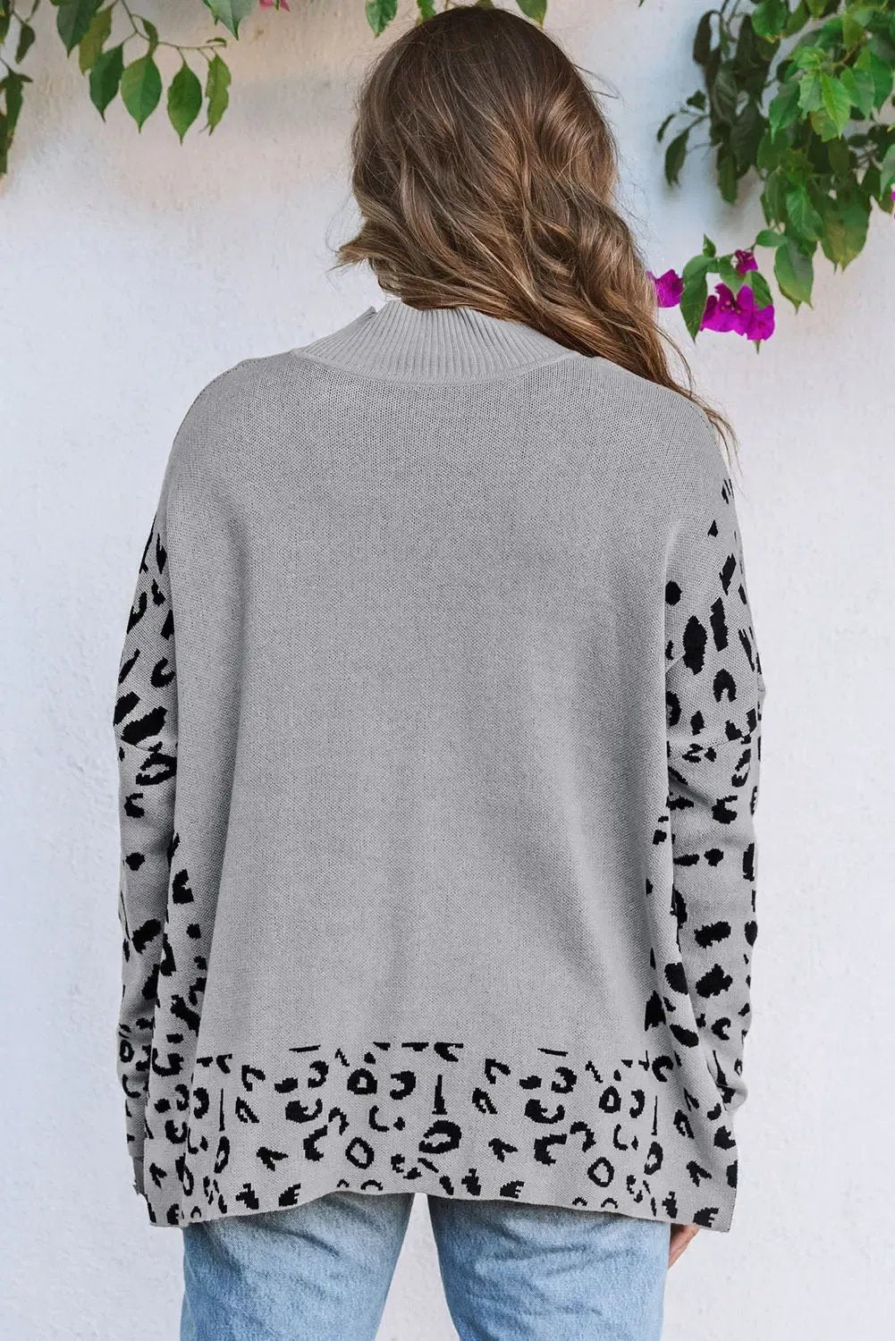 Grey Leopard High Neck Side Slit Oversized Sweater - Sweaters & Cardigans/Sweaters
