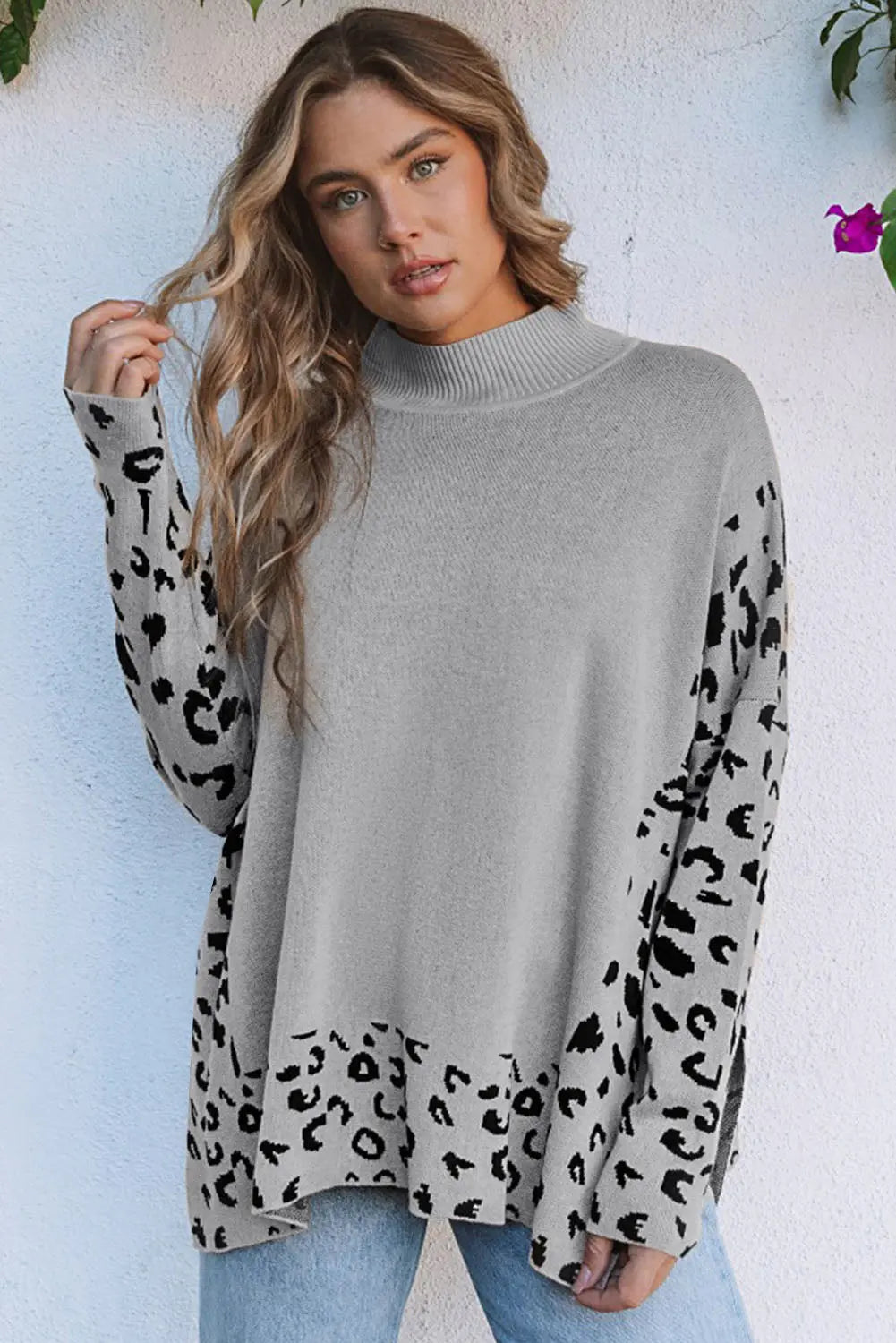 Grey Leopard High Neck Side Slit Oversized Sweater - eAura