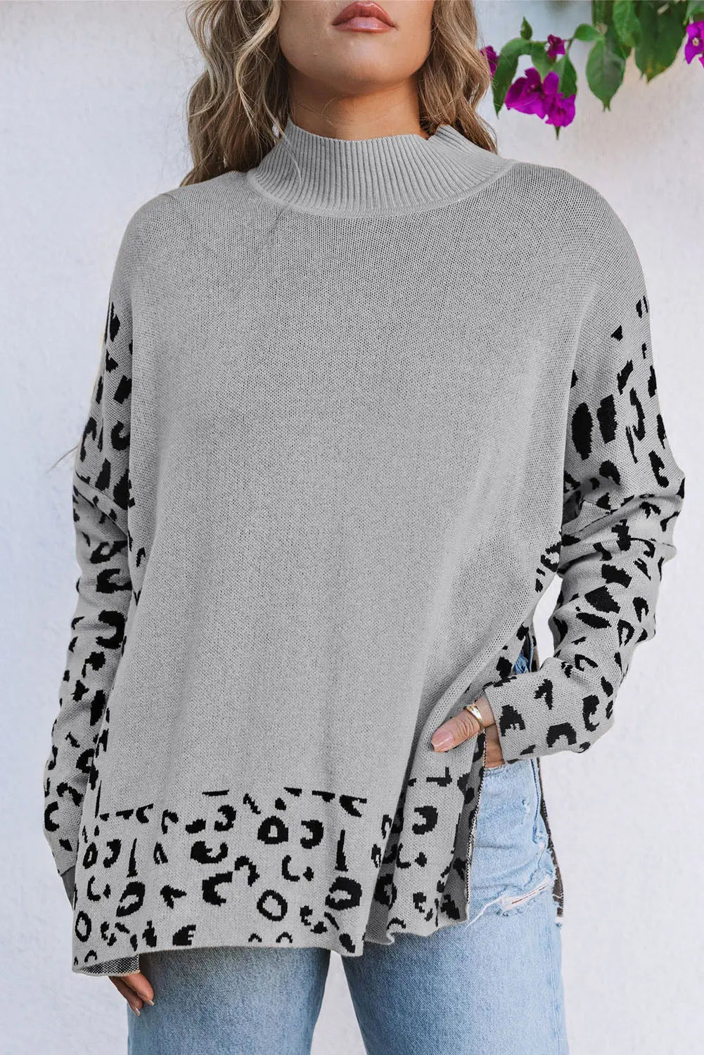 Grey Leopard High Neck Side Slit Oversized Sweater - eAura