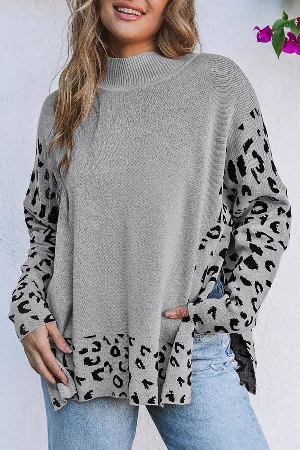 Grey Leopard High Neck Side Slit Oversized Sweater - eAura