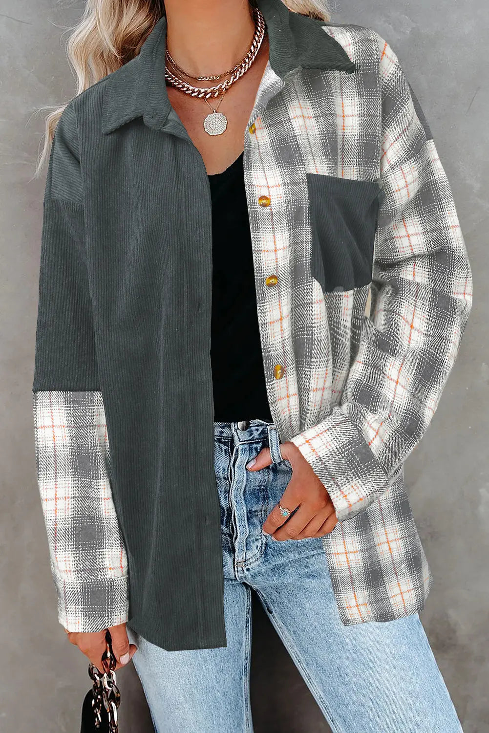 Grey Plaid Colour Block Button-up Oversize Corduroy Shacket eAura