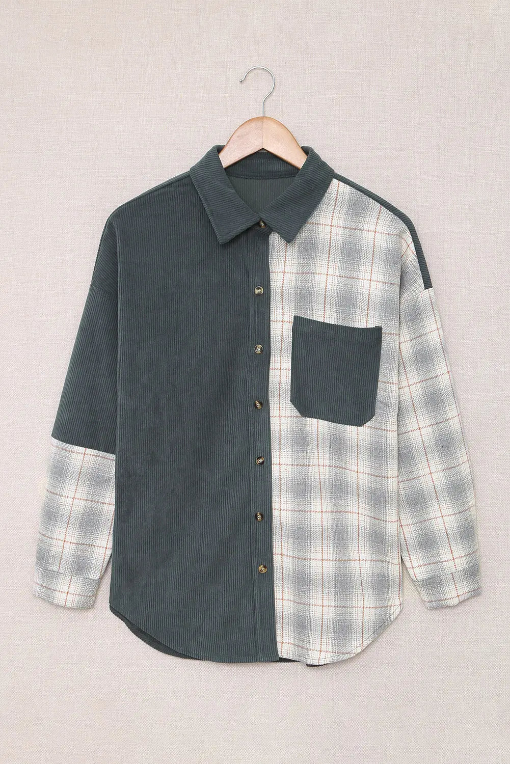 Grey Plaid Colour Block Button-up Oversize Corduroy Shacket eAura