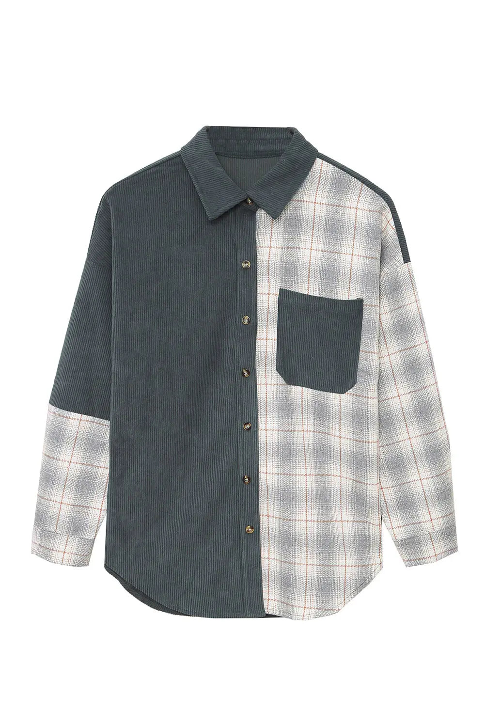 Grey Plaid Colour Block Button-up Oversize Corduroy Shacket eAura