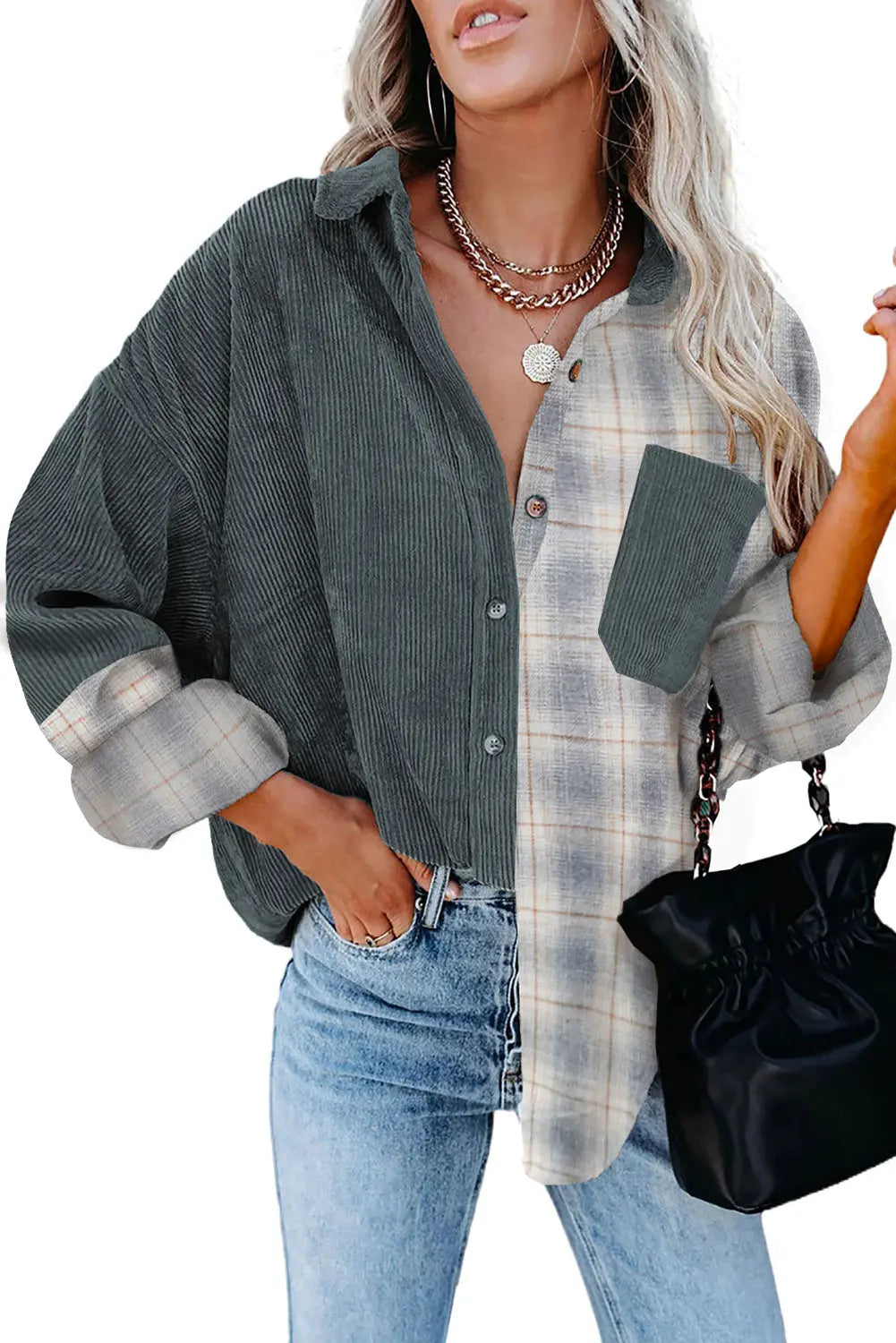 Grey Plaid Colour Block Button-up Oversize Corduroy Shacket eAura