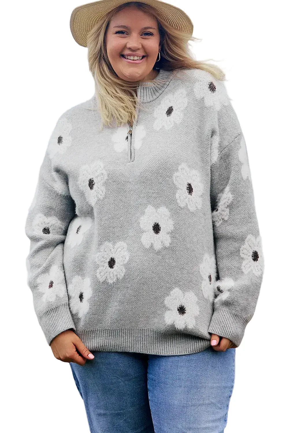 Plus Embroidered Floral Pattern Half Zip Sweater