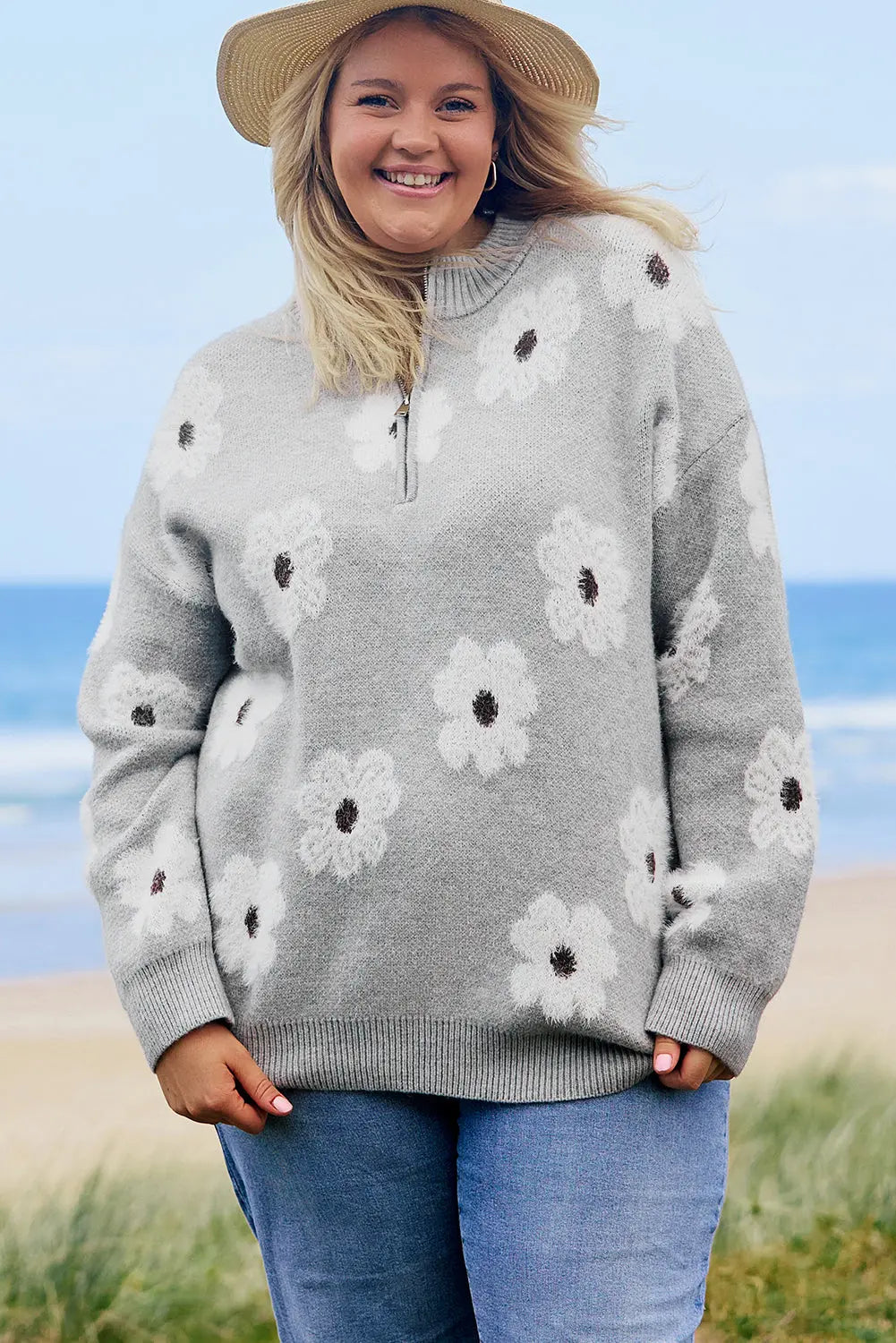 Grey Plus Size Embroidered Floral Pattern Half Zip Sweater Beagle Boutique Fashion Outlet