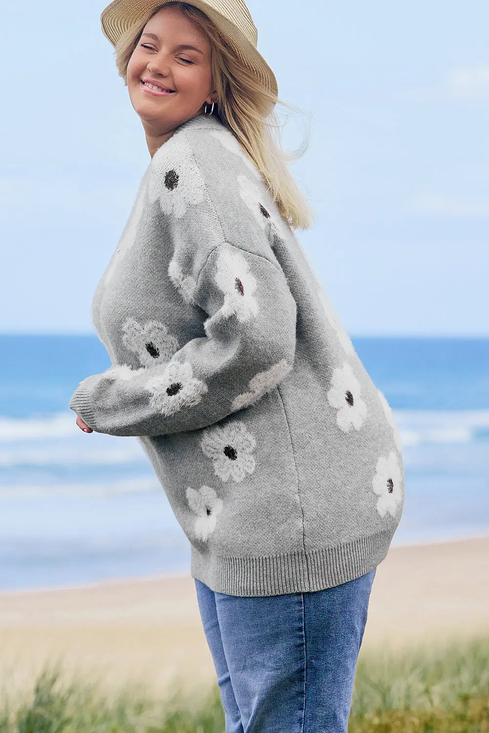 Grey Plus Size Embroidered Floral Pattern Half Zip Sweater Beagle Boutique Fashion Outlet