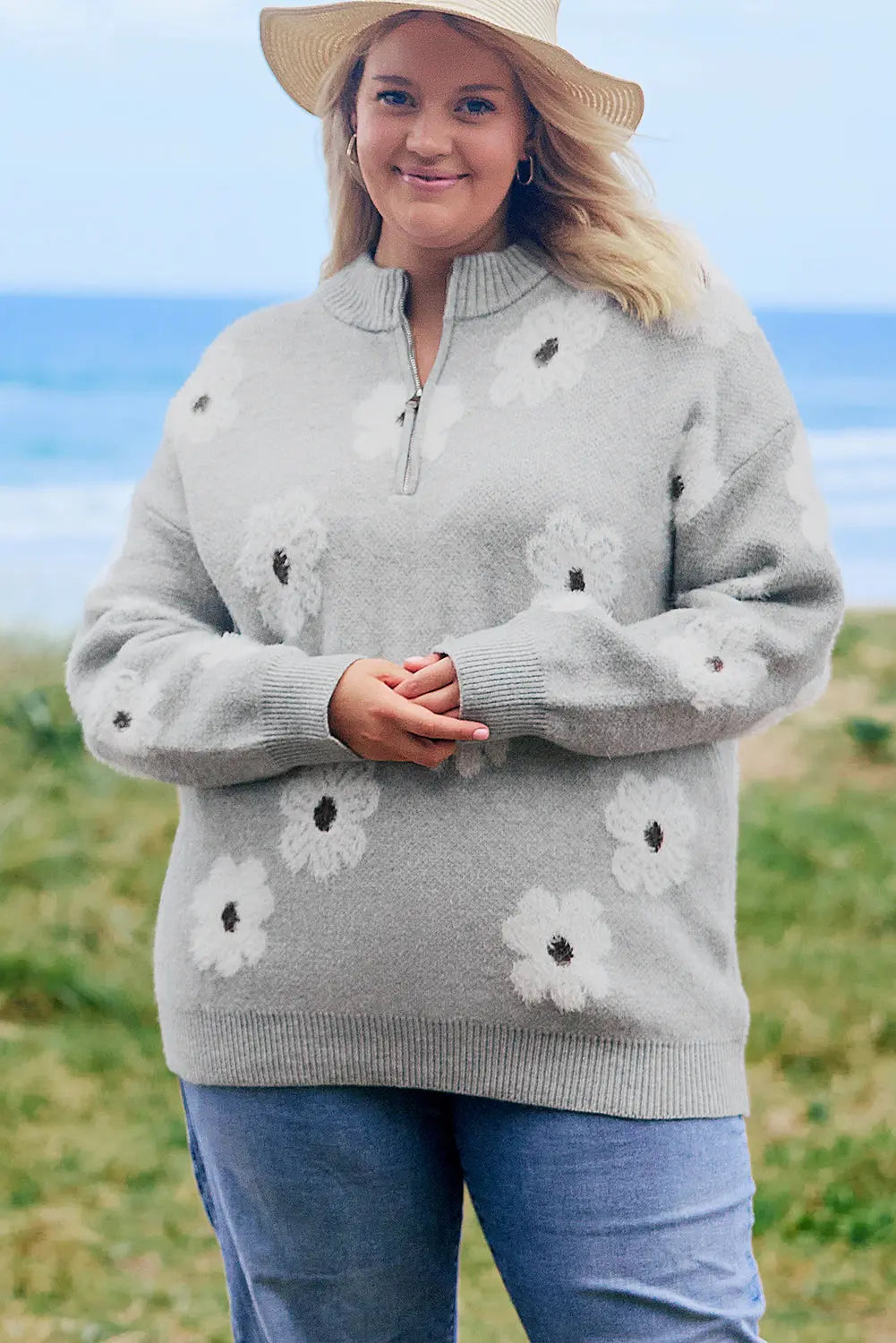 Grey Plus Size Embroidered Floral Pattern Half Zip Sweater Beagle Boutique Fashion Outlet