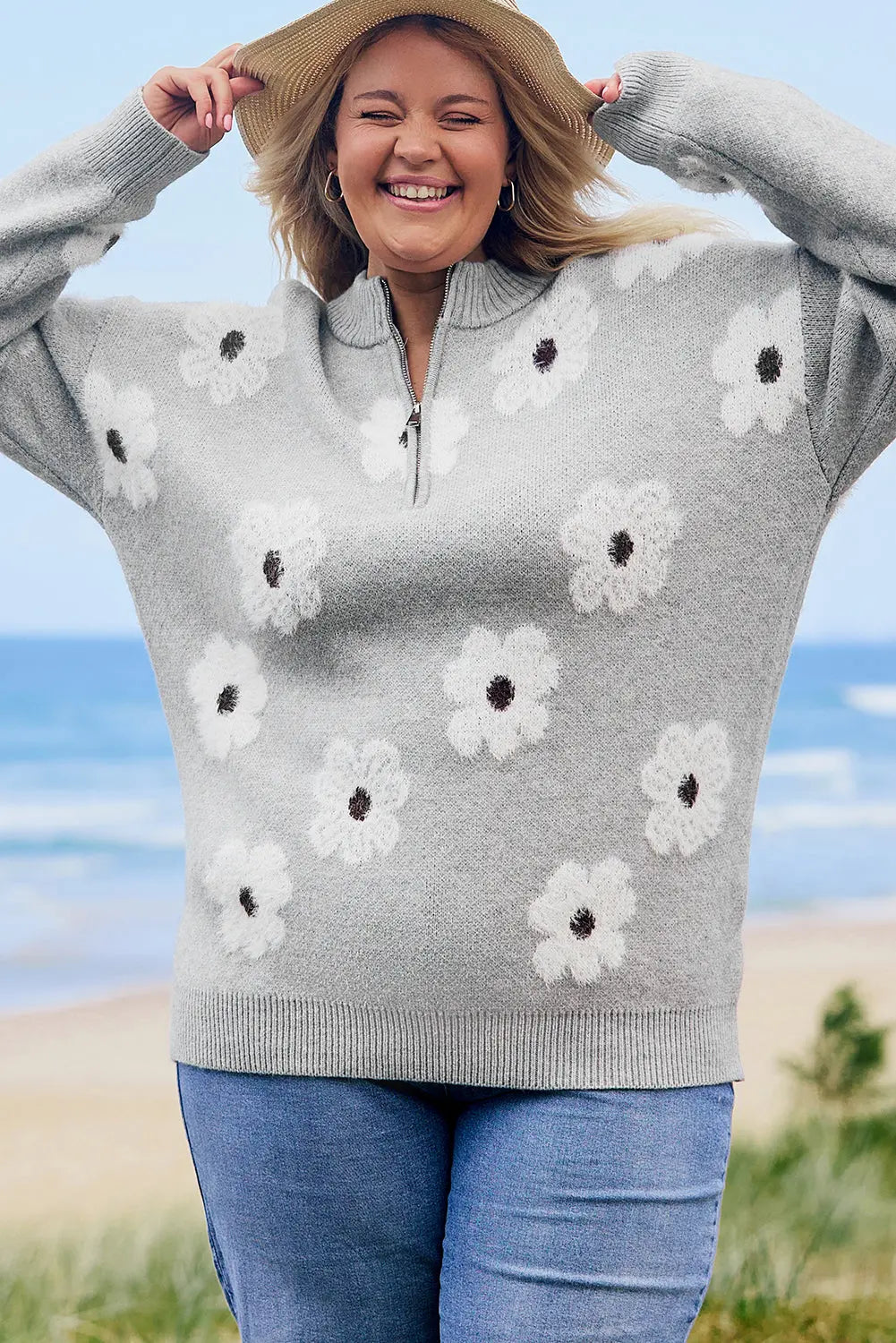 Grey Plus Size Embroidered Floral Pattern Half Zip Sweater Beagle Boutique Fashion Outlet