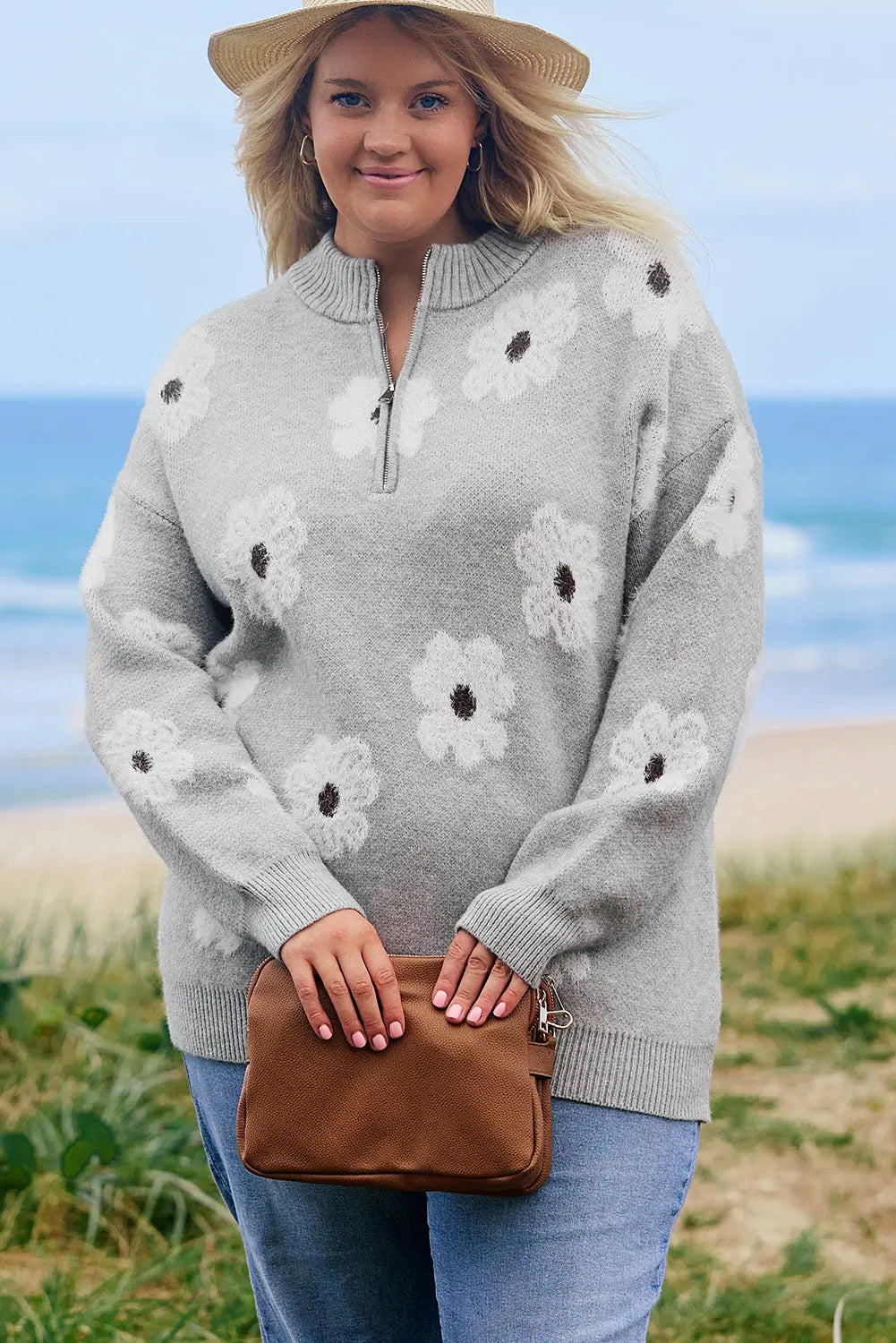 Grey Plus Size Embroidered Floral Pattern Half Zip Sweater Beagle Boutique Fashion Outlet