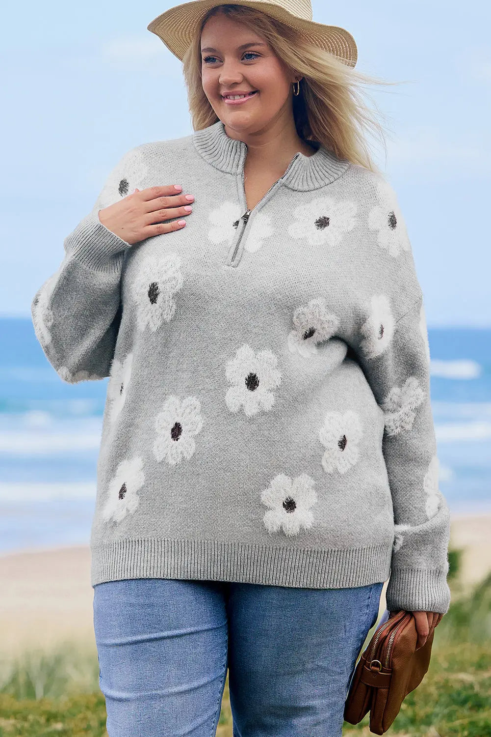Grey Plus Size Embroidered Floral Pattern Half Zip Sweater Beagle Boutique Fashion Outlet
