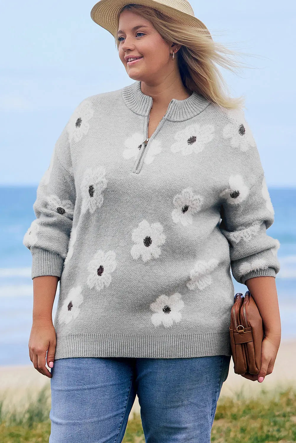Grey Plus Size Embroidered Floral Pattern Half Zip Sweater Beagle Boutique Fashion Outlet