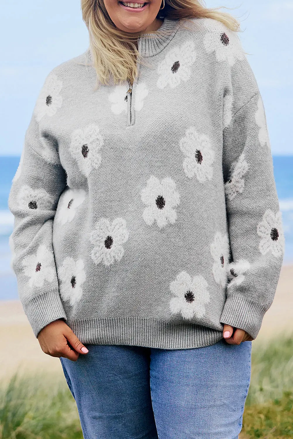 Grey Plus Size Embroidered Floral Pattern Half Zip Sweater Beagle Boutique Fashion Outlet