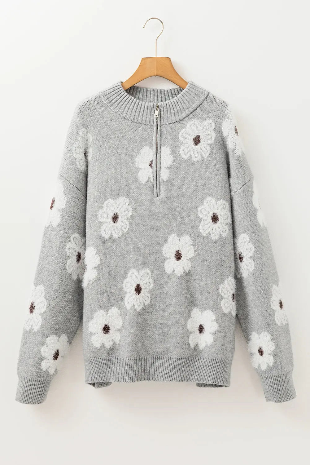 Grey Plus Size Embroidered Floral Pattern Half Zip Sweater Beagle Boutique Fashion Outlet