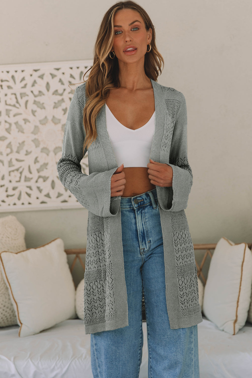 Grey Pointelle Knit Open Front Cardigan - eAura