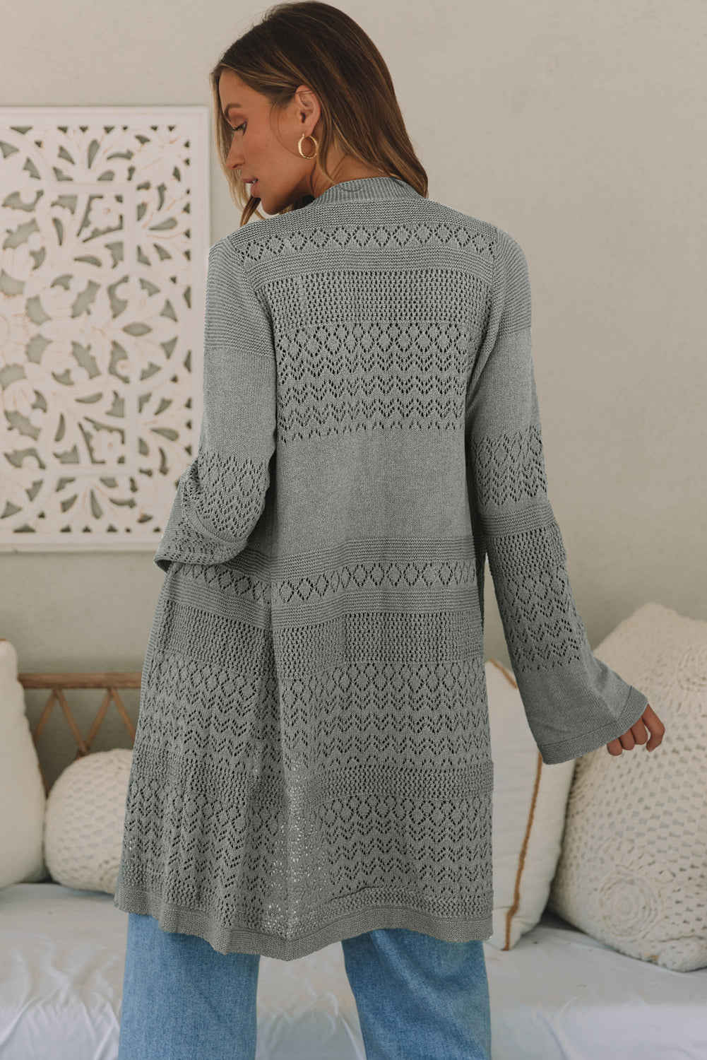 Grey Pointelle Knit Open Front Cardigan - eAura