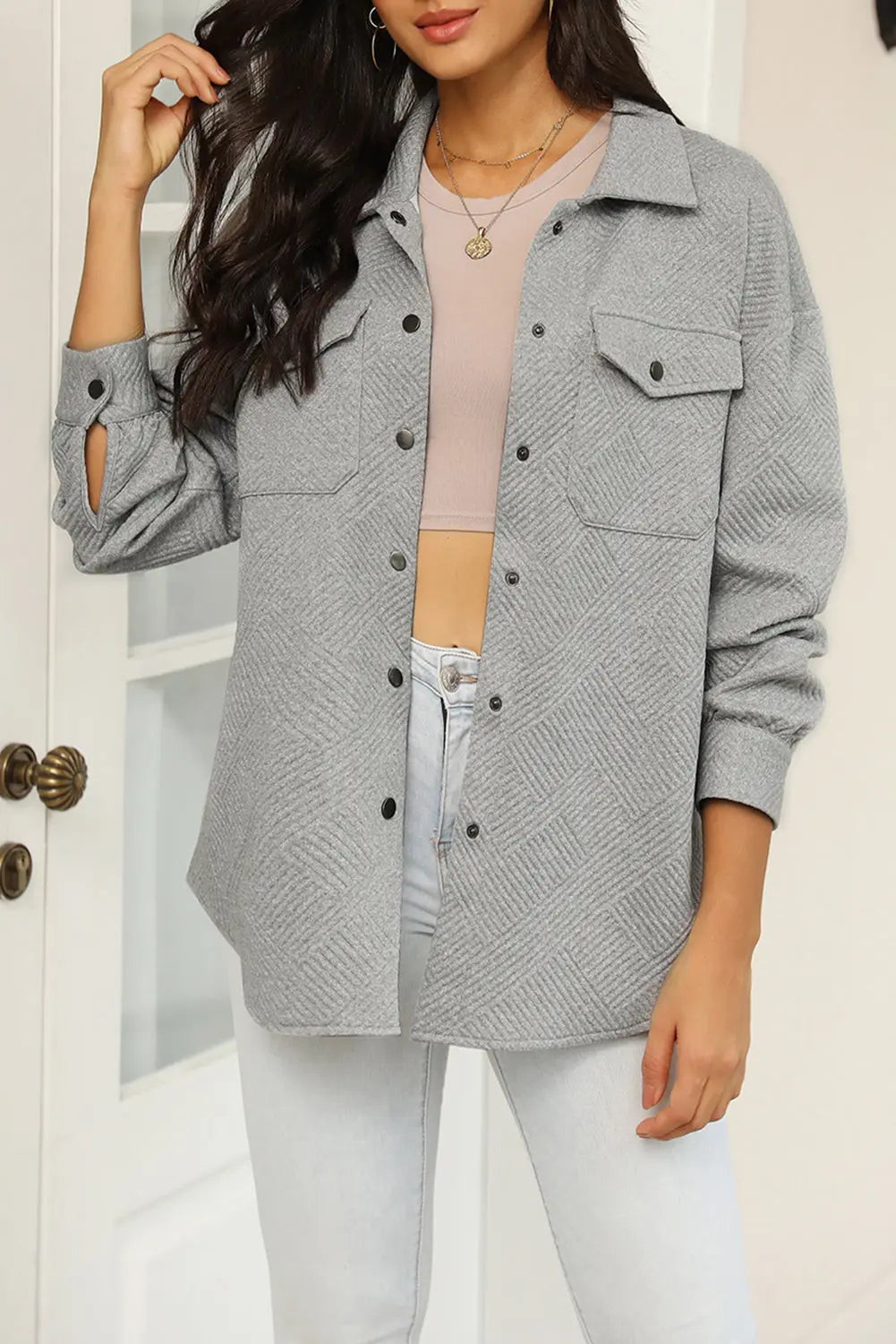 Grey Solid Textured Flap Pocket Buttoned Shacket - eAura