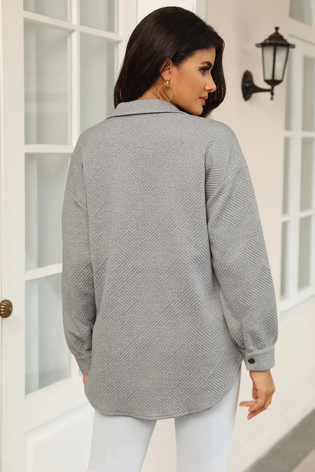 Grey Solid Textured Flap Pocket Buttoned Shacket - eAura