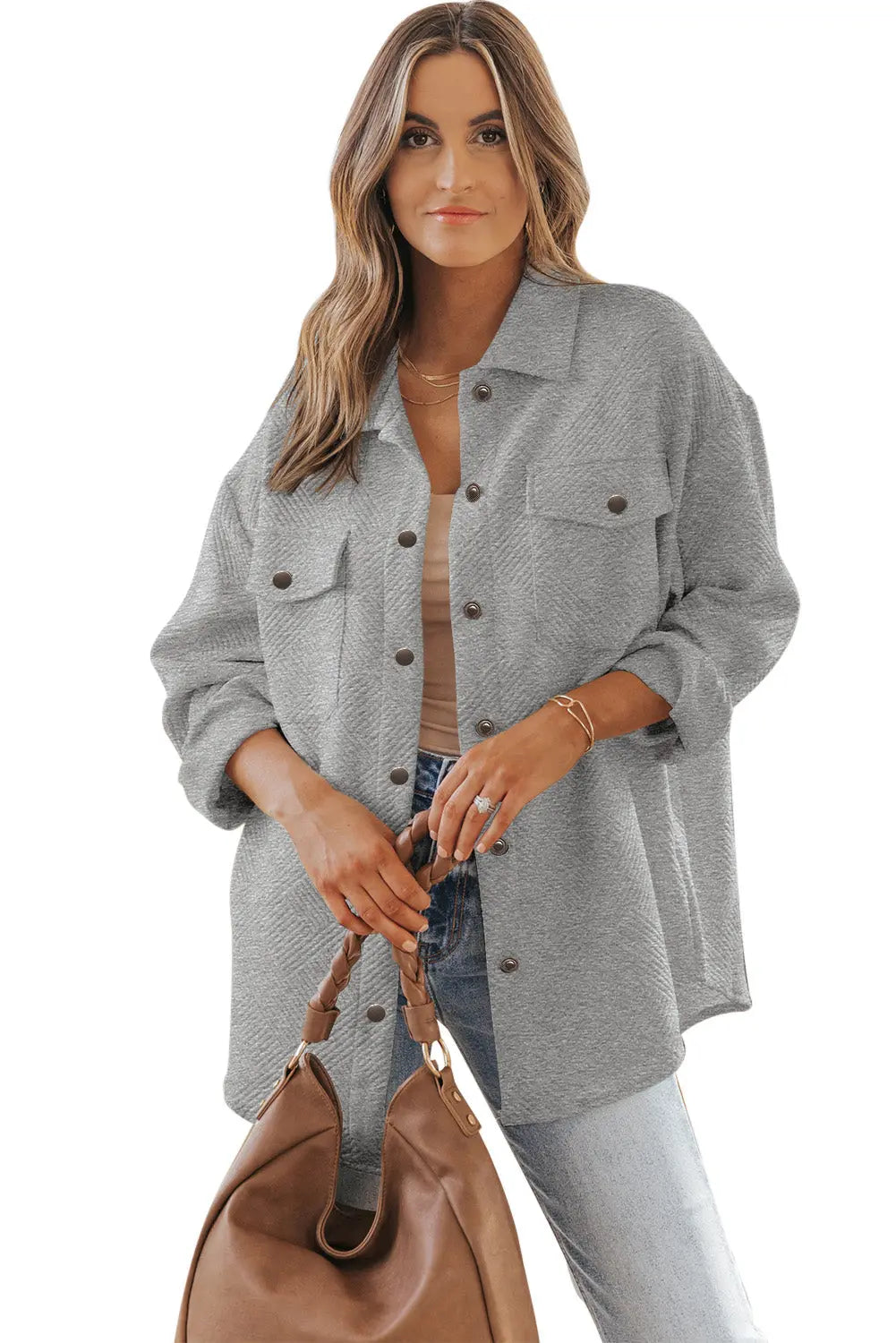 Grey Solid Textured Flap Pocket Buttoned Shacket - eAura