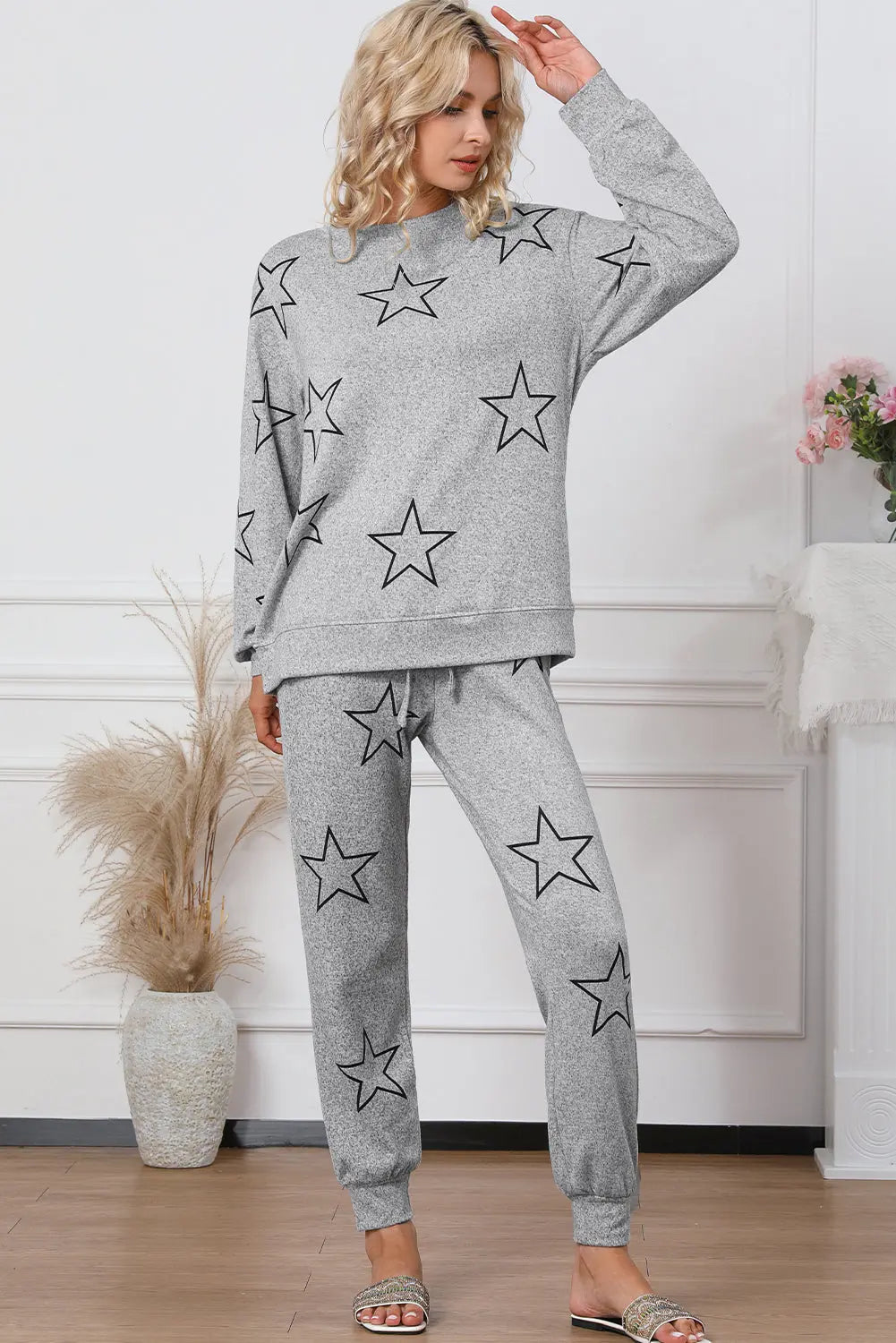 Grey Stars Print Long Sleeve Drawstring High Waist Lounge Set eAura