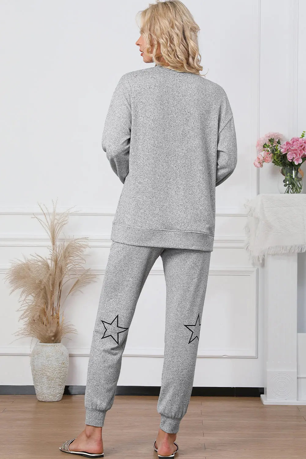 Grey Stars Print Long Sleeve Drawstring High Waist Lounge Set eAura