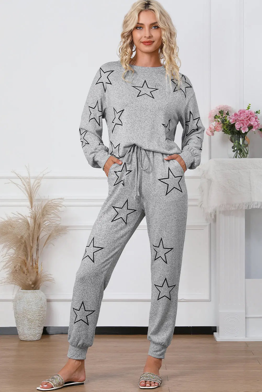 Grey Stars Print Long Sleeve Drawstring High Waist Lounge Set eAura