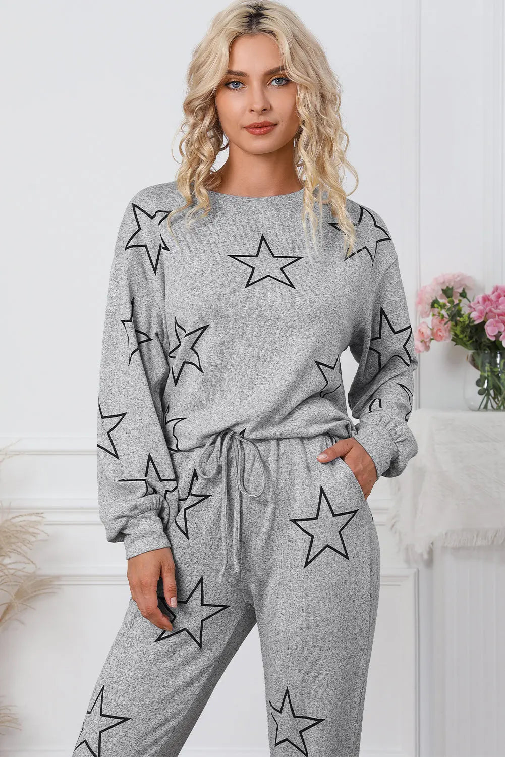 Grey Stars Print Long Sleeve Drawstring High Waist Lounge Set eAura
