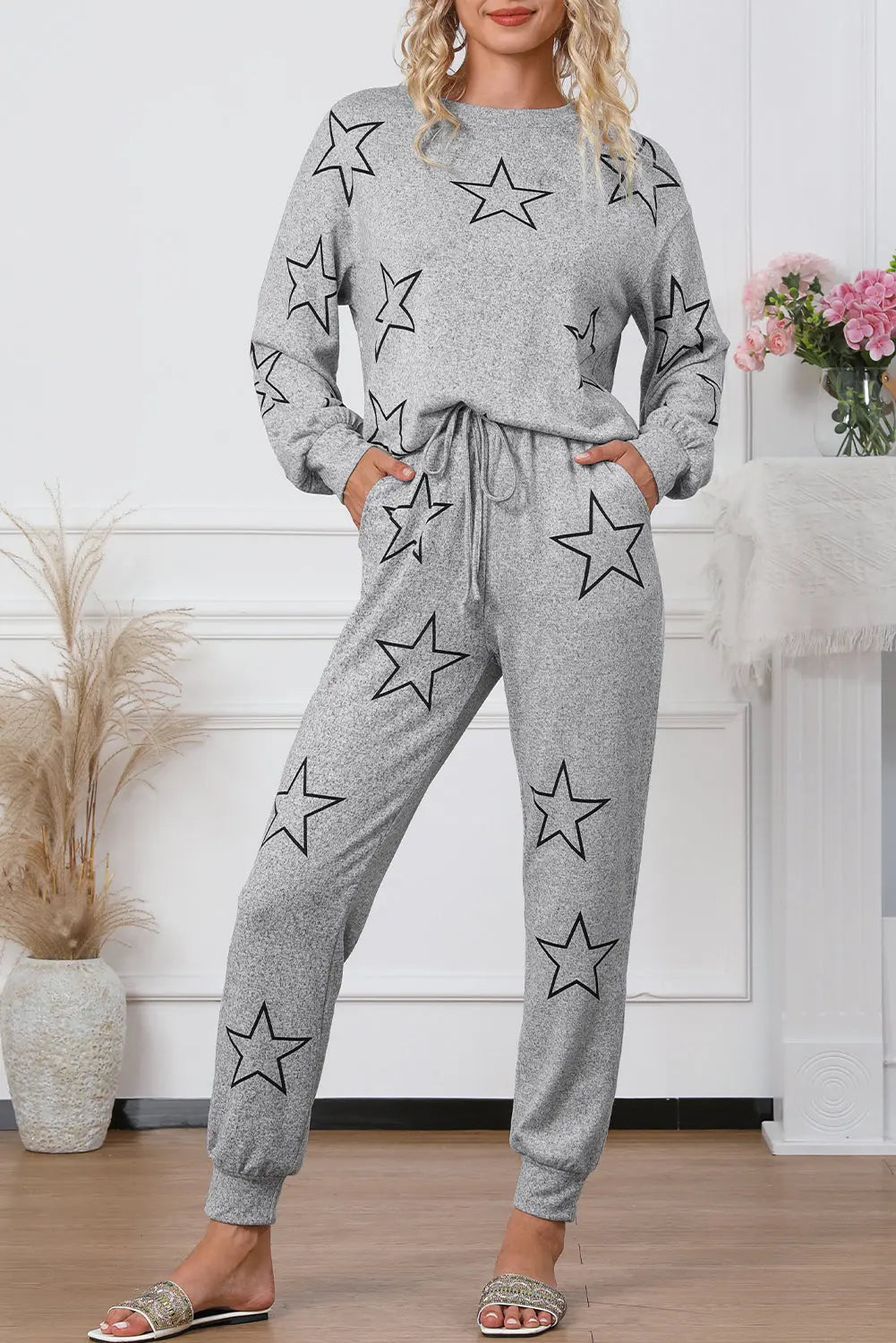 Grey Stars Print Long Sleeve Drawstring High Waist Lounge Set eAura