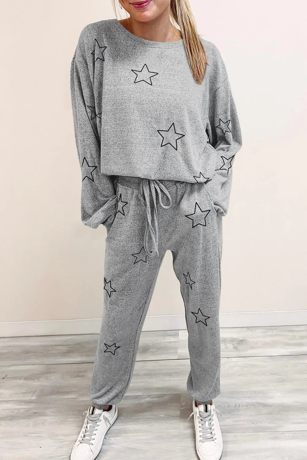 Grey Stars Print Long Sleeve Drawstring High Waist Lounge Set eAura