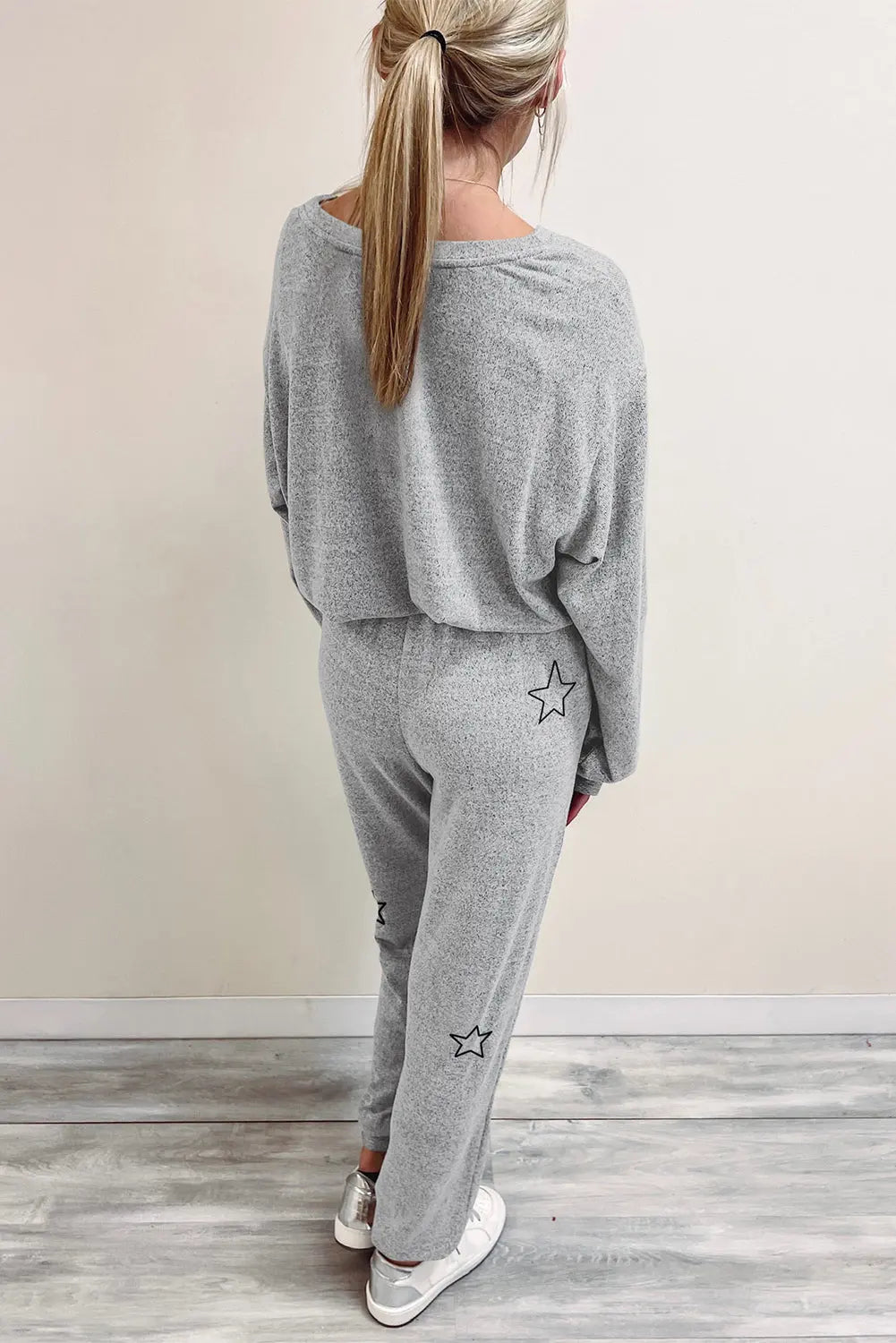 Grey Stars Print Long Sleeve Drawstring High Waist Lounge Set eAura